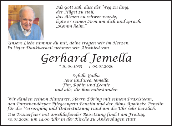 Traueranzeige von Gerhard Jemella von Nordkurier Müritz-Zeitung