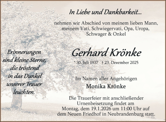 Traueranzeige von Gerhard Krönke von Nordkurier Neubrandenburger Zeitung