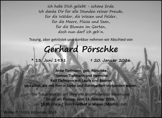 Traueranzeige von Gerhard Pörschke von Nordkurier Müritz-Zeitung, Nordkurier Mecklenburger Schweiz, Nordkurier Grosso