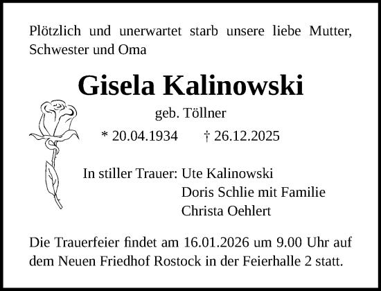 Traueranzeige von Gisela Kalinowski von Norddeutsche Neueste Nachrichten