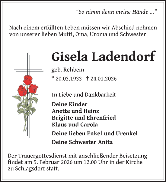 Traueranzeige von Gisela Ladendorf von Gadebusch - Rehnaer Zeitung