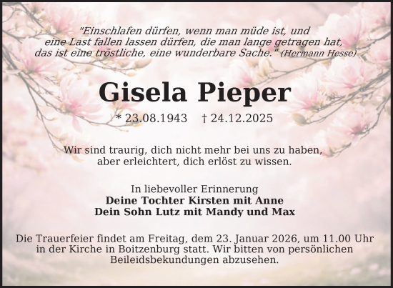 Traueranzeige von Gisela Pieper von Uckermark Kurier Templiner Zeitung