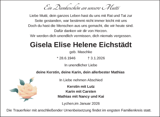 Traueranzeige von Gisela Elise Helene Eichstädt von Uckermark Kurier Templiner Zeitung