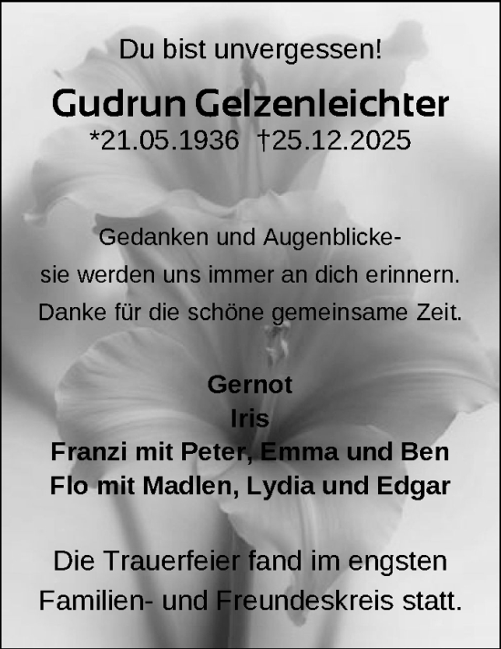 Traueranzeige von Gudrun Gelzenleichter von Zeitung für die Landeshauptstadt