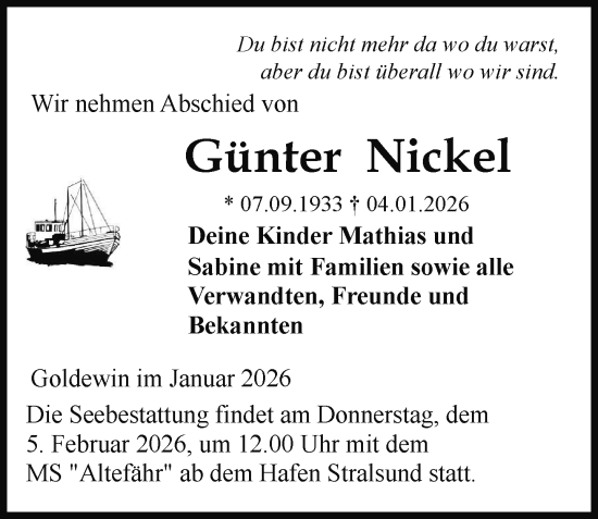 Traueranzeige von Günter Nickel von Güstrow und Bützow