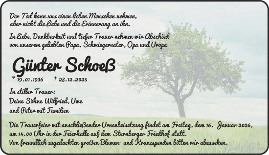 Traueranzeige von Günter Schoeß von Anzeiger für Sternberg - Brüel - Warin
