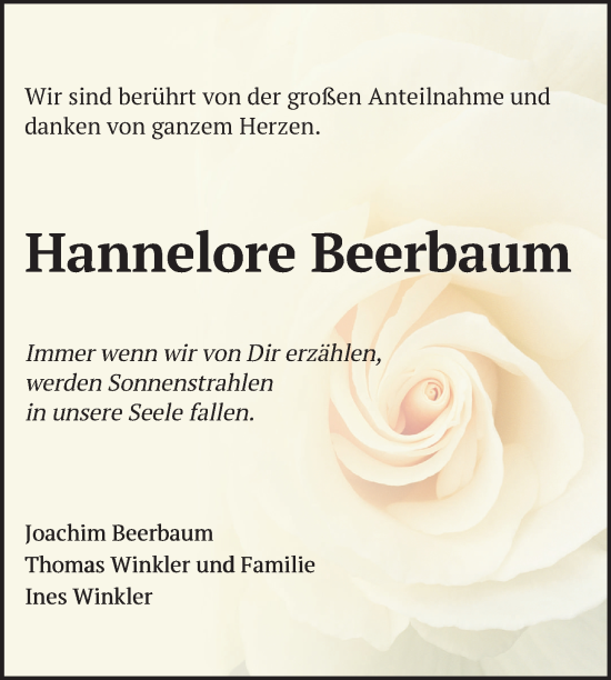 Traueranzeige von Hannelore Beerbaum von Uckermark Kurier Templiner Zeitung