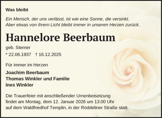 Traueranzeige von Hannelore Beerbaum von Uckermark Kurier Templiner Zeitung
