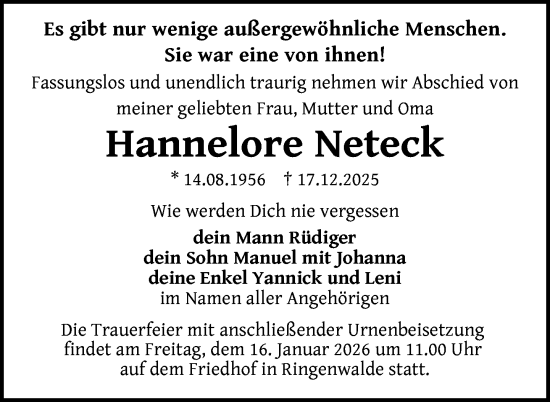 Traueranzeige von Hannelore Neteck von Uckermark Kurier Templiner Zeitung