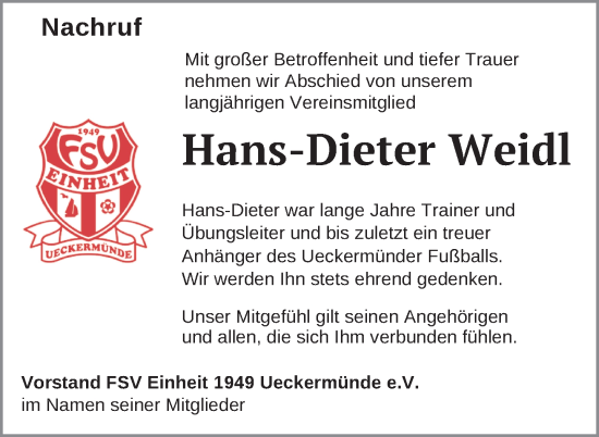 Traueranzeige von Hans-Dieter Weidl von Nordkurier Haff-Zeitung, Nordkurier Grosso