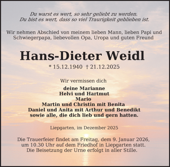 Traueranzeige von Hans-Dieter Weidl von Nordkurier Grosso
