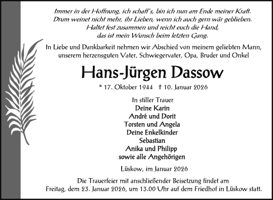 Traueranzeige von Hans-Jürgen Dassow von Nordkurier Vorpommern Kurier