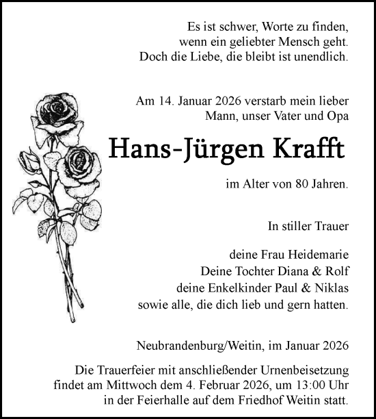 Traueranzeige von Hans-Jürgen Krafft von Nordkurier Neubrandenburger Zeitung