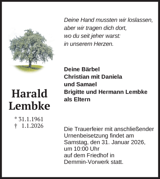 Traueranzeige von Harald Lembke von Nordkurier Neubrandenburger Zeitung