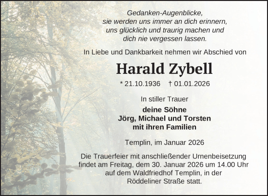 Traueranzeige von Harald Zybell von Uckermark Kurier Templiner Zeitung