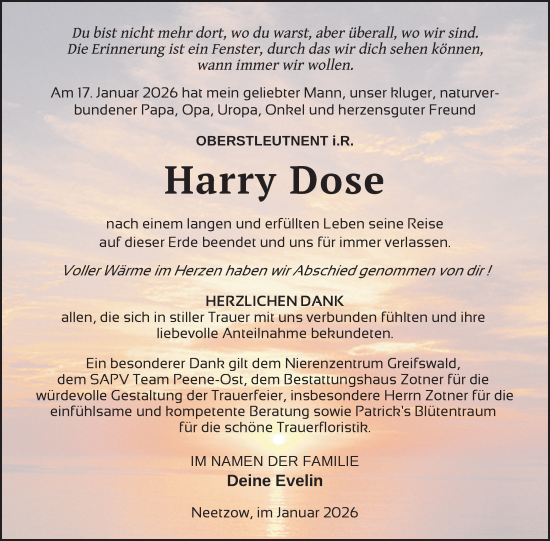 Traueranzeige von Harry Dose von Nordkurier Vorpommern Kurier, Nordkurier Grosso
