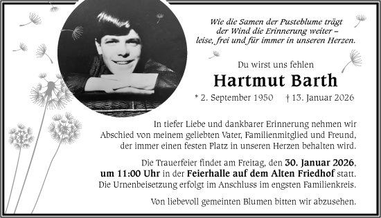 Traueranzeige von Hartmut Barth von Zeitung für die Landeshauptstadt