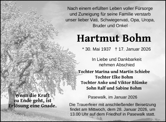 Traueranzeige von Hartmut Bohm von Nordkurier Grosso