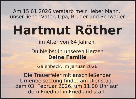 Traueranzeige von Hartmut Röther von Nordkurier Neubrandenburger Zeitung