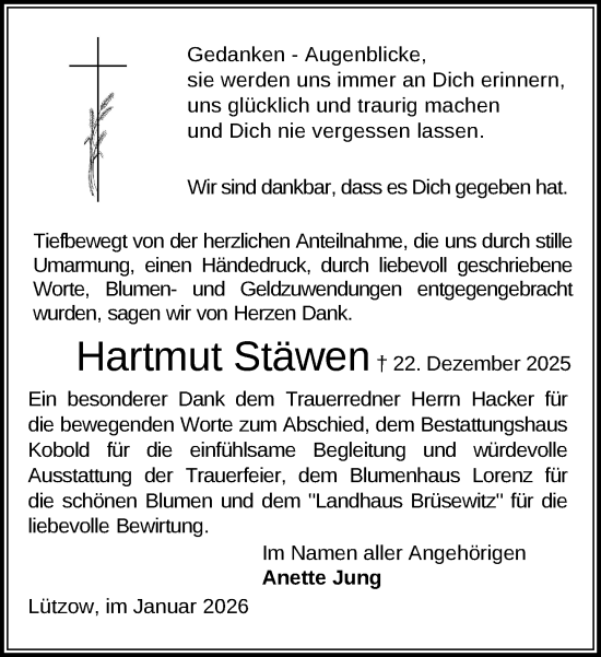 Traueranzeige von Hartmut Stäwen von Gadebusch - Rehnaer Zeitung