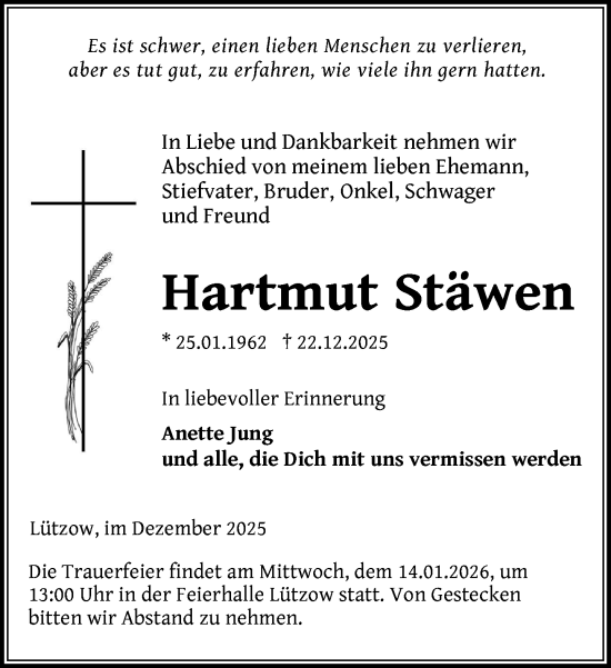 Traueranzeige von Hartmut Stäwen von Gadebusch - Rehnaer Zeitung