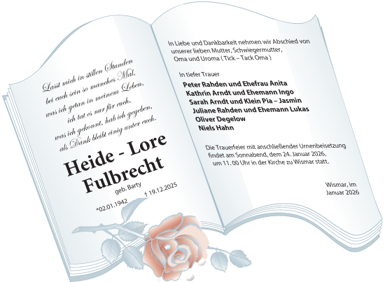 Traueranzeige von Heide-Lore Fulbrecht von Nordkurier Pasewalker Zeitung