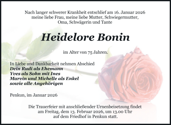 Traueranzeige von Heidelore Bonin von Uckermark Kurier Prenzlauer Zeitung