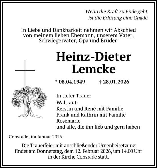 Traueranzeige von Heinz-Dieter Lemcke von Zeitung für die Landeshauptstadt