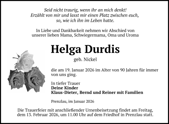 Traueranzeige von Helga Durdis von Uckermark Kurier Prenzlauer Zeitung