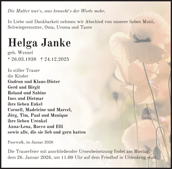 Traueranzeige von Helga Janke von Nordkurier Grosso