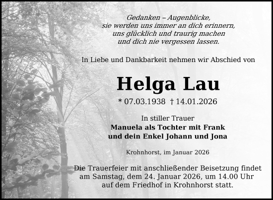 Traueranzeige von Helga Lau von Uckermark Kurier Templiner Zeitung