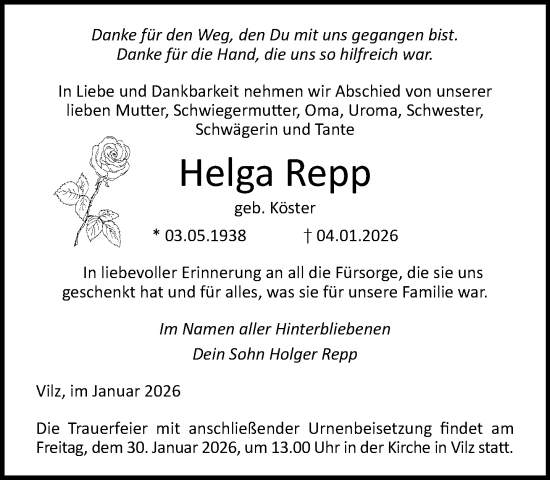 Traueranzeige von Helga Repp von Norddeutsche Neueste Nachrichten