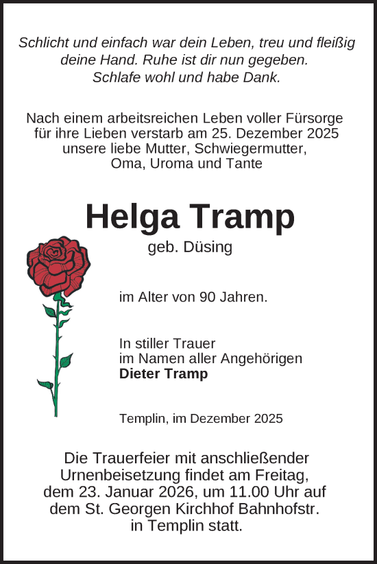 Traueranzeige von Helga Tramp von Nordkurier Neubrandenburger Zeitung