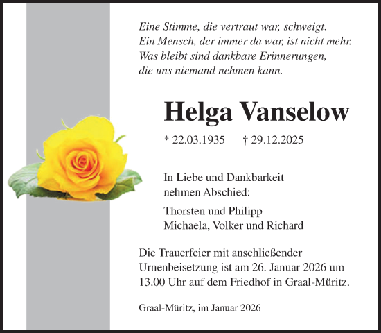 Traueranzeige von Helga Vanselow von Norddeutsche Neueste Nachrichten