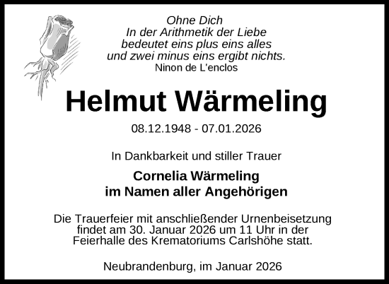 Traueranzeige von Helmut Wärmeling von Nordkurier Neubrandenburger Zeitung