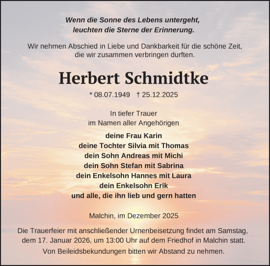 Traueranzeige von Herbert Schmidtke von Nordkurier Mecklenburger Schweiz