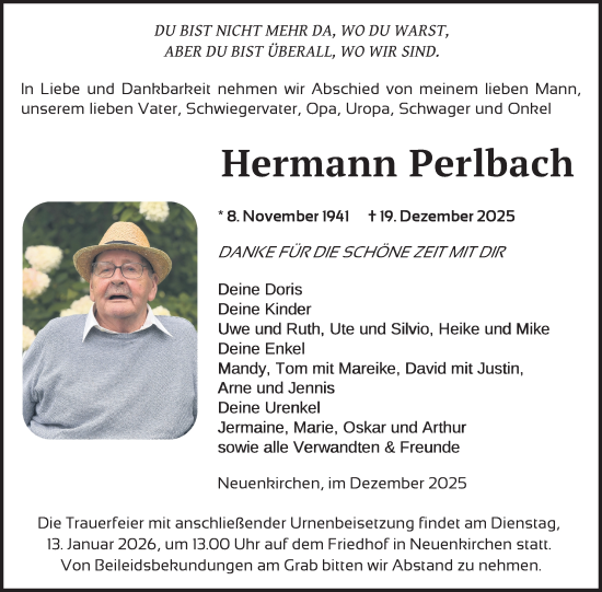 Traueranzeige von Hermann Perlbach von Nordkurier Vorpommern Kurier