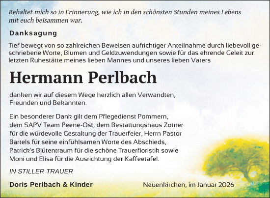 Traueranzeige von Hermann Perlbach von Nordkurier Vorpommern Kurier