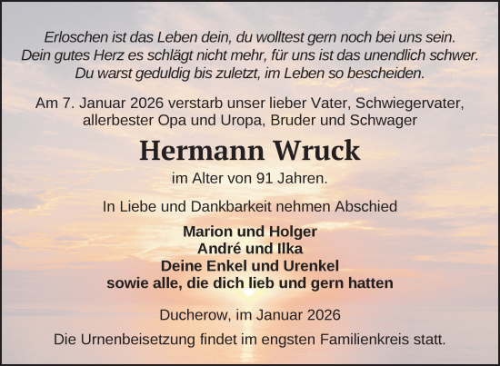 Traueranzeige von Hermann Wruck von Nordkurier Vorpommern Kurier