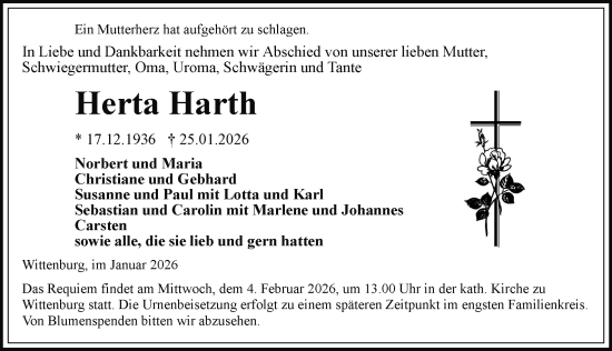 Traueranzeige von Herta Harth von Hagenower Kreisblatt