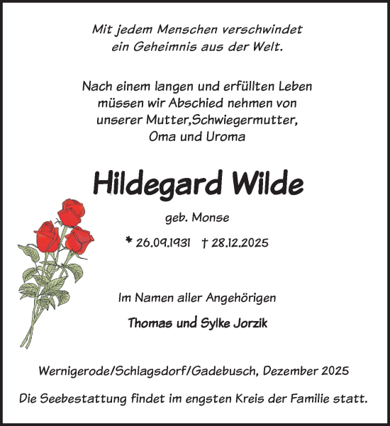 Traueranzeige von Hildegard Wilde von Gadebusch - Rehnaer Zeitung