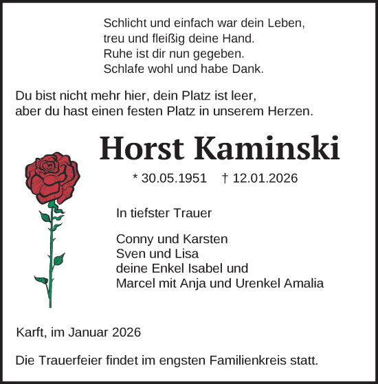 Traueranzeige von Horst Kaminski von Hagenower Kreisblatt