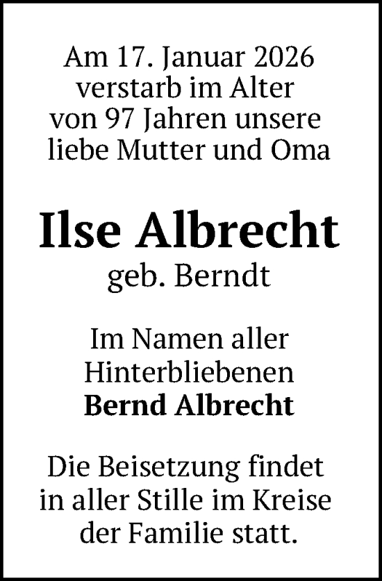 Traueranzeige von Ilse Albrecht von Nordkurier Grosso