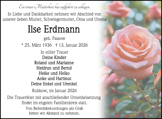 Traueranzeige von Ilse Erdmann von Nordkurier Vorpommern Kurier