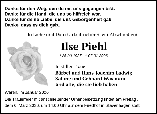 Traueranzeige von Ilse Piehl von Nordkurier Müritz-Zeitung