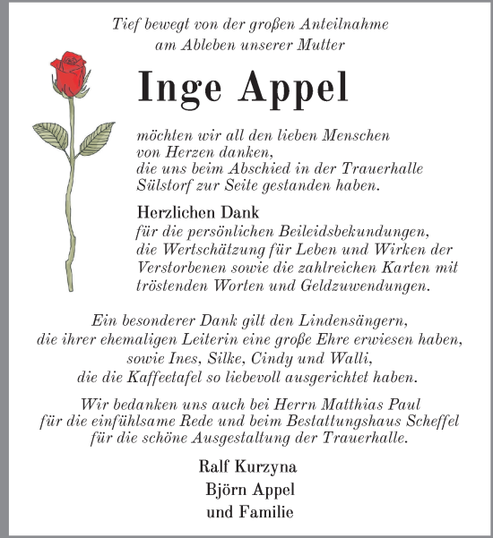 Traueranzeige von Inge Appel von Zeitung für die Landeshauptstadt