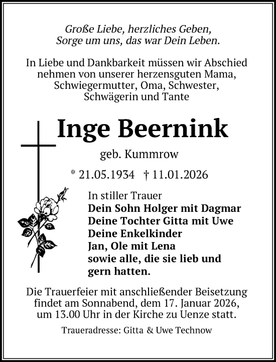 Traueranzeige von Inge Beernink von Der Prignitzer, Prignitz Express