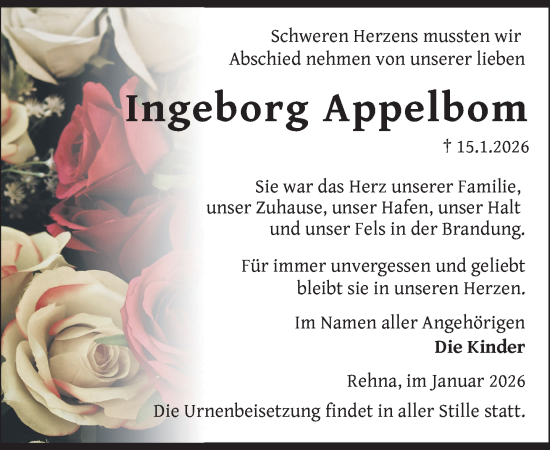 Traueranzeige von Ingeborg Appelbom von Gadebusch - Rehnaer Zeitung