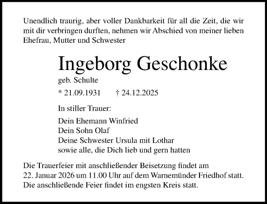 Traueranzeige von Ingeborg Geschonke von Norddeutsche Neueste Nachrichten