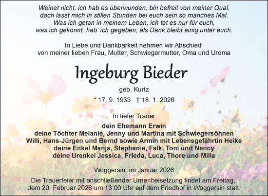 Traueranzeige von Ingeburg Bieder von Nordkurier Neubrandenburger Zeitung